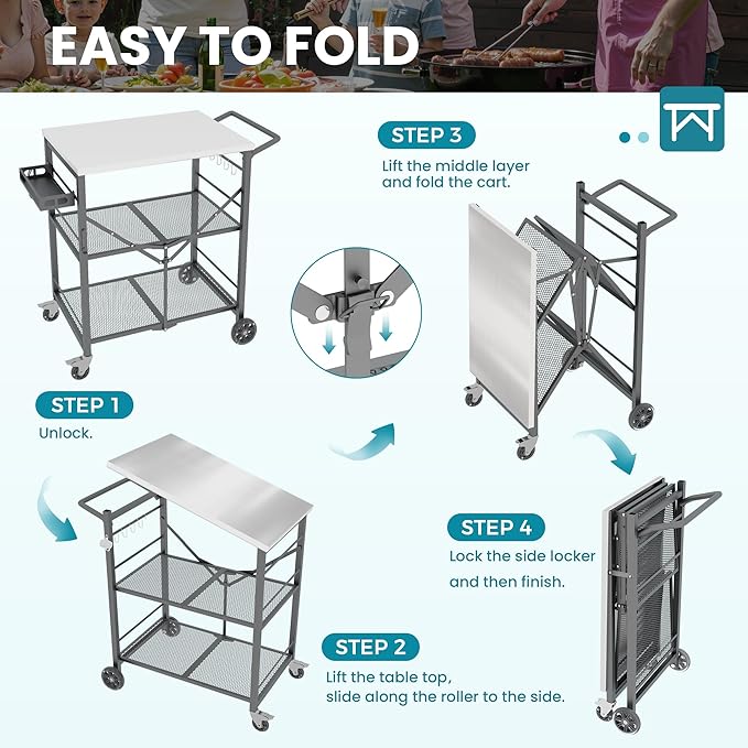 Ciokea Folding Outdoor Grill Cart with Wheels, 3-Shelf Grill Table with 27x18IN Stainless Steel Top, Rolling Pizza Oven Stand, Metal Portable Cart for BBQ Patio Camping (Grey)