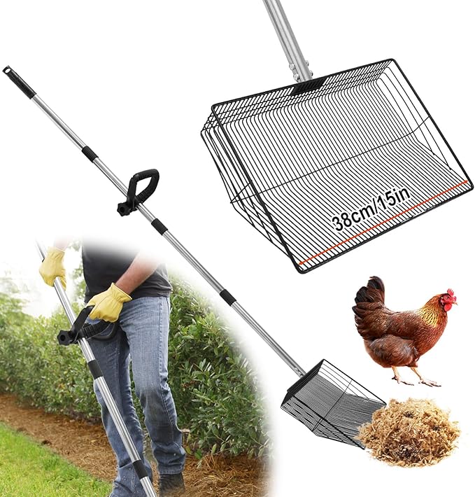 15-inch Large Chicken Poop Scooper with Adjustable Ergonomic Labor-Saving Handle(24in to 57in), Multifunctional Metal Litter Sifting Scoop Shovel for Cleaning Chicken Coop, Goat Stall, Stable