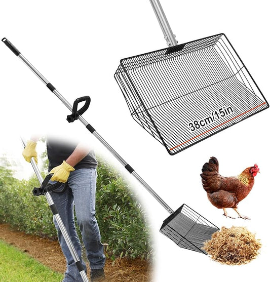 15-inch Large Chicken Poop Scooper with Adjustable Ergonomic Labor-Saving Handle(24in to 57in), Multifunctional Metal Litter Sifting Scoop Shovel for Cleaning Chicken Coop, Goat Stall, Stable