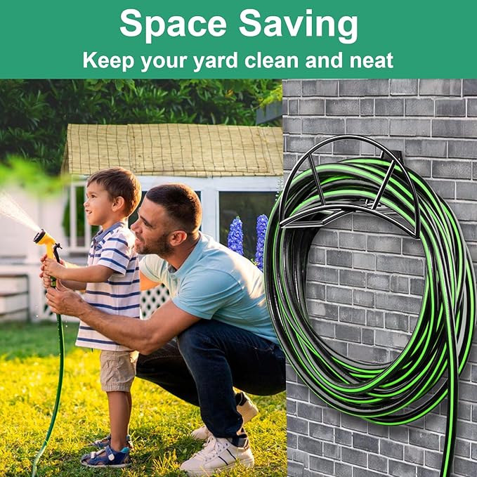 TomCare Garden Hose Holder Wall Mount Metal Water Hose Holder Holds 125Ft Hoses Heavy Duty Hose Hanger Sturdy Hoses Storage Organizer for Outside Yard Garden, Black
