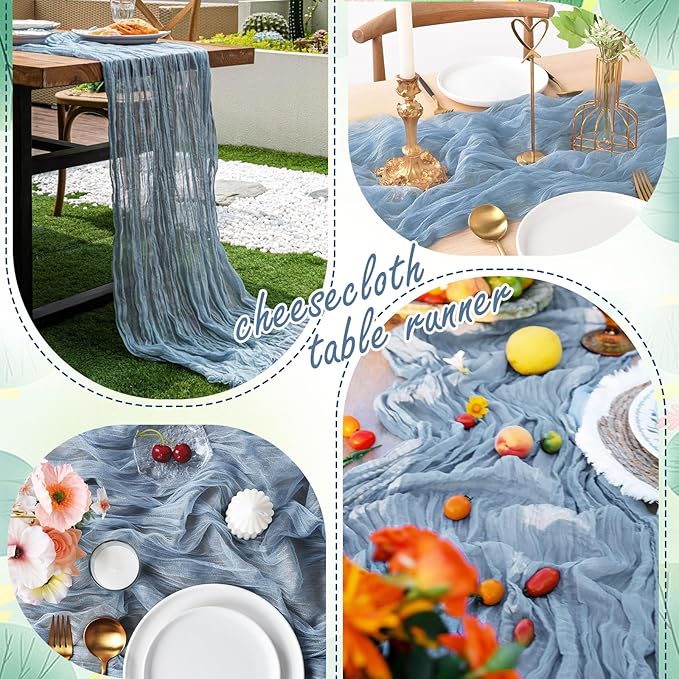 8 Packs Cheesecloth Table Runner 10FT Long Boho Gauze Fabric Table Runner Vintage Rustic Sheer Runners for Wedding Party Bridal Baby Shower Table Decorations (Dusty Blue)