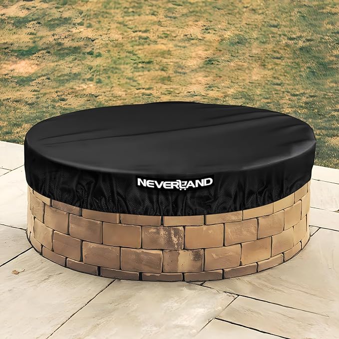 NEVERLAND Round Fire Pit Cover for In-Ground Fire Pits, 46-51 Inch Heavy Duty 600D Waterproof Outdoor Firepit Cover, Fits Built-In Stone Fire Pits, Black