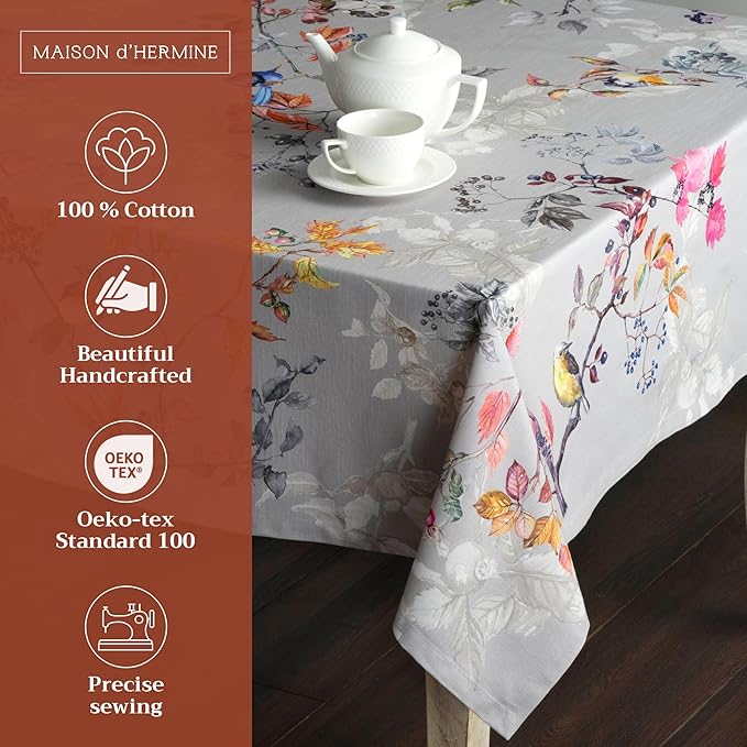 Maison d' Hermine Table Cloth Rectangle Table 100% Cotton 60 x 108 Inches Fall Tablecloth Reusable Everyday Use for Thanksgiving Christmas Decorations Dining Farmhouse Party (Equinoxe - Grey)