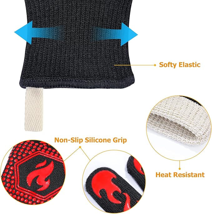 QUWIN BBQ Gloves, Oven Gloves 1472℉ Extreme Heat Resistant, Grilling Gloves Silicone Non-Slip Oven Mitts, Kitchen Gloves for BBQ, Grilling, Cooking, Baking-1 Pair… (One Size(Long Cuff), Red)