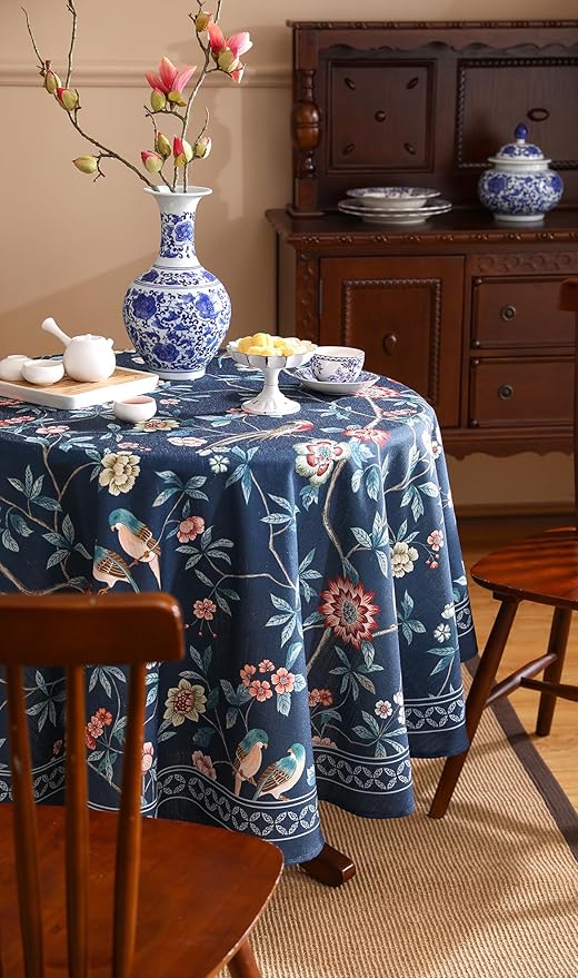 patdrea Designer Vintage Dark Blue Linen Round Tablecloth,Navy French Floral and Birds Pattern Table Cloth,Decoration Table Cover for Kitchen,Dining,Tea Party,Home,Christmas,Diameter 55"
