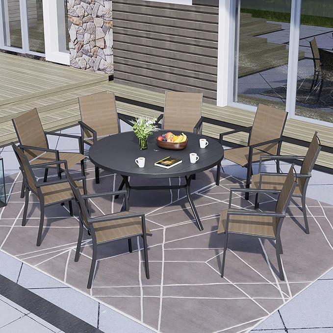58" Patio Outdoor Round Table for 8 Person, All Weather Metal Black Round Patio Dining Table with Adjustable Umbrella Hole