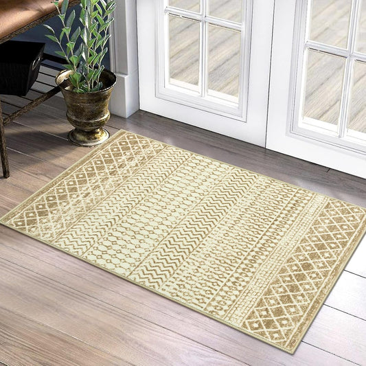Moroccan Washable Rug for Bedroom, 2x3 Tan Distressed Door Mat Non Slip Kitchen Rug, Low-Pile Soft Faux Wool Floor Carpet for Entryway Kitchen Bathroom Bedroom