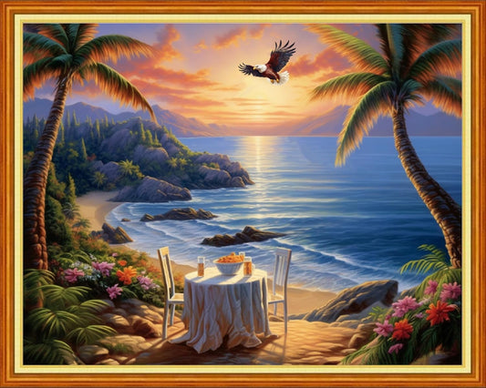 Foxdiviy Stamped Cross Stitch Kits Full Range of Embroidery Needlework Starter Kits for Beginners Adults 11CT Embroidery Patterns Art Crafts DIY Needlepoint Kits-Drinking tea by the seaside 16x20 inch