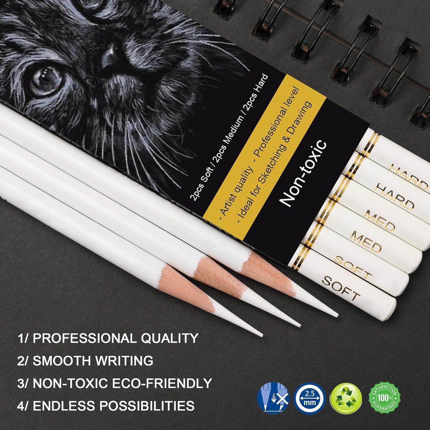 KALOUR White Charcoal Pencils Drawing Set, Professional 6 Pieces White Sketch Pencils for Drawing, Sketching, Shading, Blending, Chalk for Beginners & Artists