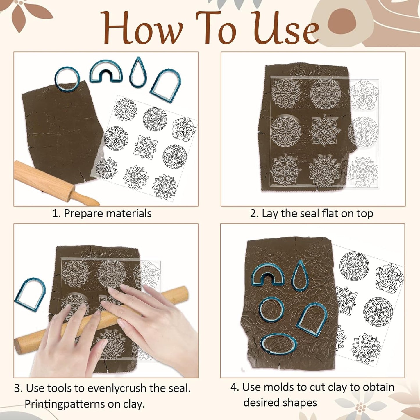 CHGCRAFT Bohemian Round Pattern Polymer Clay Texture Sheets Mandala Pattern Silicone Texture Stamp Single Image Modeling Pattern Pad for Jewelry and Clay Earrings Tools, 5.5x5.5 inch