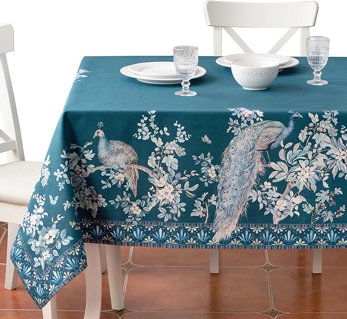 Maison d' Hermine Premium Table Cloth Rectangle Table 100% Combed Cotton 120 x 70 Inches Tablecloth Reusable Decorative for Dining Room, Farmhouse, Party, Festive & Wedding - Peacock Utopia - Deep Sea