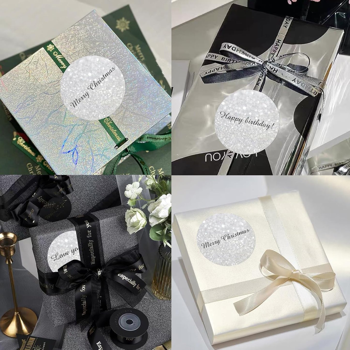 3" Holographic Direct Thermal Label Stickers, Round Printable Rainbow Glitter Thermal Printer Sticker Labels for Gift Wrapping, Self-Adhesive DIY Custom Logo Design- Shiny Silver