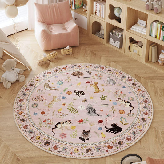 Rugcomf Round Rug 4ft Washable Circle Rug Non Slip Low Pile Boho Floral Animal Cat Small Circular Rug for Bedroom Bathroom Entryway Kids Room Office College Dorm, Pink