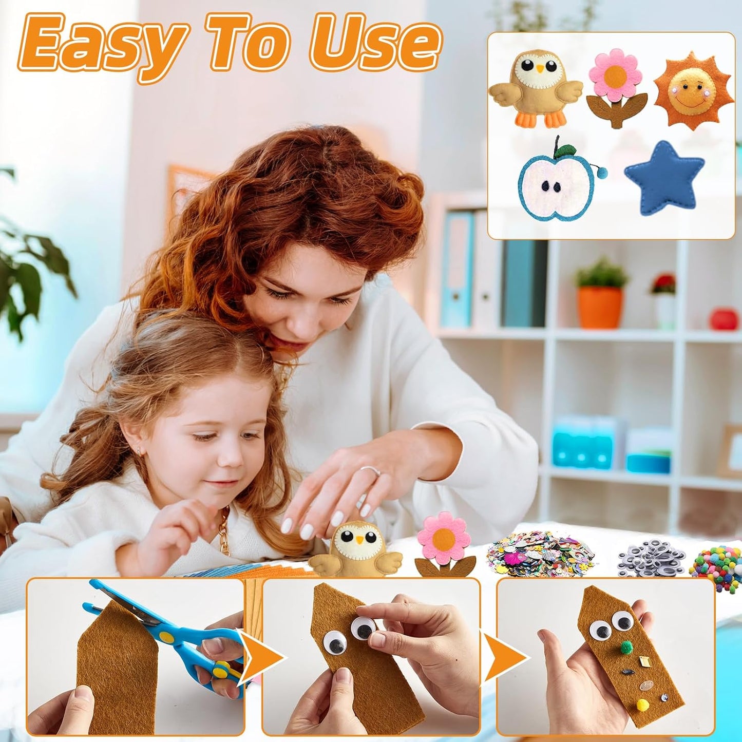 42Pcs Boho Felt Fabric Sheets 8 x 12 Inch Brown Beige Blue Assorted Soft Thick Felt Pack with Wiggle Google Eyes Pom Poms Glitter Patchwork Craft Supply for DlY Sewing Creative Art Project Decor