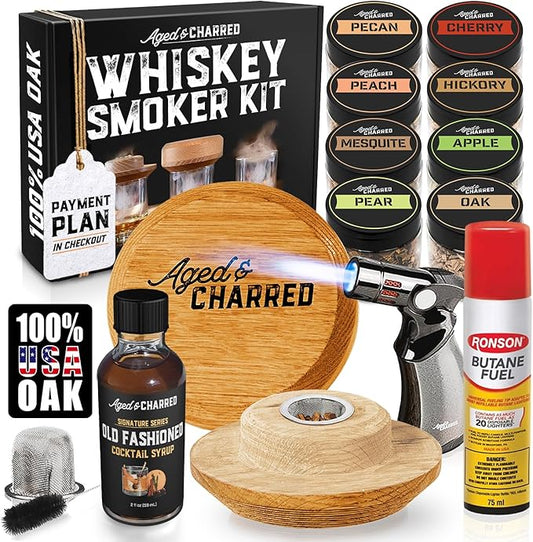 Whiskey Smoker Kit with Torch and Butane and Old Fashioned Syrup - 8 Flavors Wood Chips, 100% USA Oak, High-End Set - Old Fashioned Bourbon Cocktail Smoker Kit Gift for Men Dad