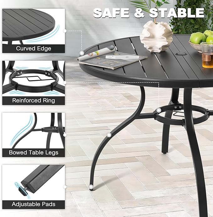 NUU GARDEN 41" Round Metal Outdoor Patio Dining Table for 4, All-Weather Slatted Outdoor Table with 1.57" Umbrella Hole and Adjustable Feet for Lawn Garden Backyard, Black