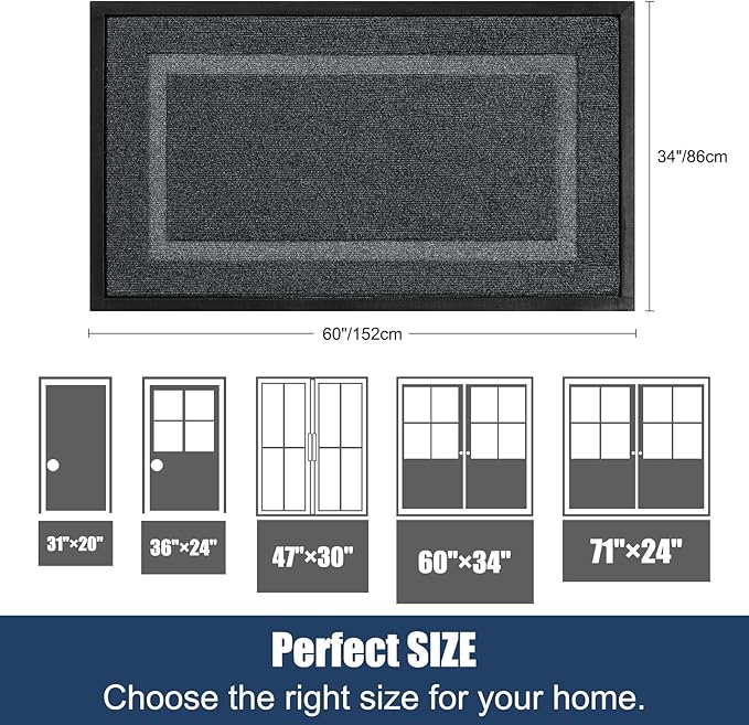 Extra Large Front Door Mat Outside Entrance Indoor Doormat, 60" x 34" Outdoor Mats For Patio Waterproof, Outdoor Door Mats For Outside Entry, Indoor Rugs for Entryway, Sturdy Natural Rubber, Drak Gray