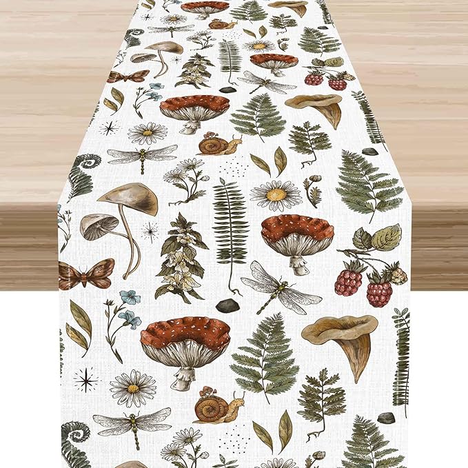 Mushroom Table Runner, Rustic Farmhouse Forest Plants Botanical Country Coffee Table Center Decor for Home Kitchen Dining Patio Holiday Party Indoor Outdoor Table Decorations, 13"x36" Inch