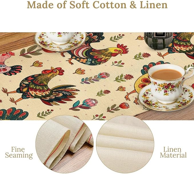 Rustic Farm Animal Table Runner, Vintage Rooster Boho Flowers Table Runner for Kitchen Dining Holiday Home Party 13x36in