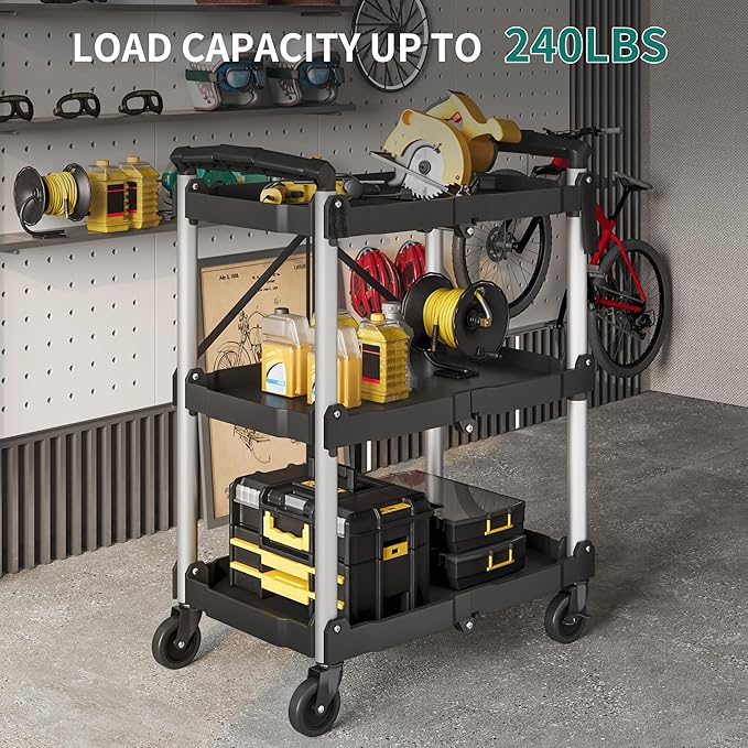 YITAHOME 240LBS Folding Utility Cart with Wheels, Foldable Utility Service Cart 3 Tier Collapsible Rolling Cart with 360°Swivel Wheels (2 with Brakes), Portable Cart for Home Garage Restaurant Office