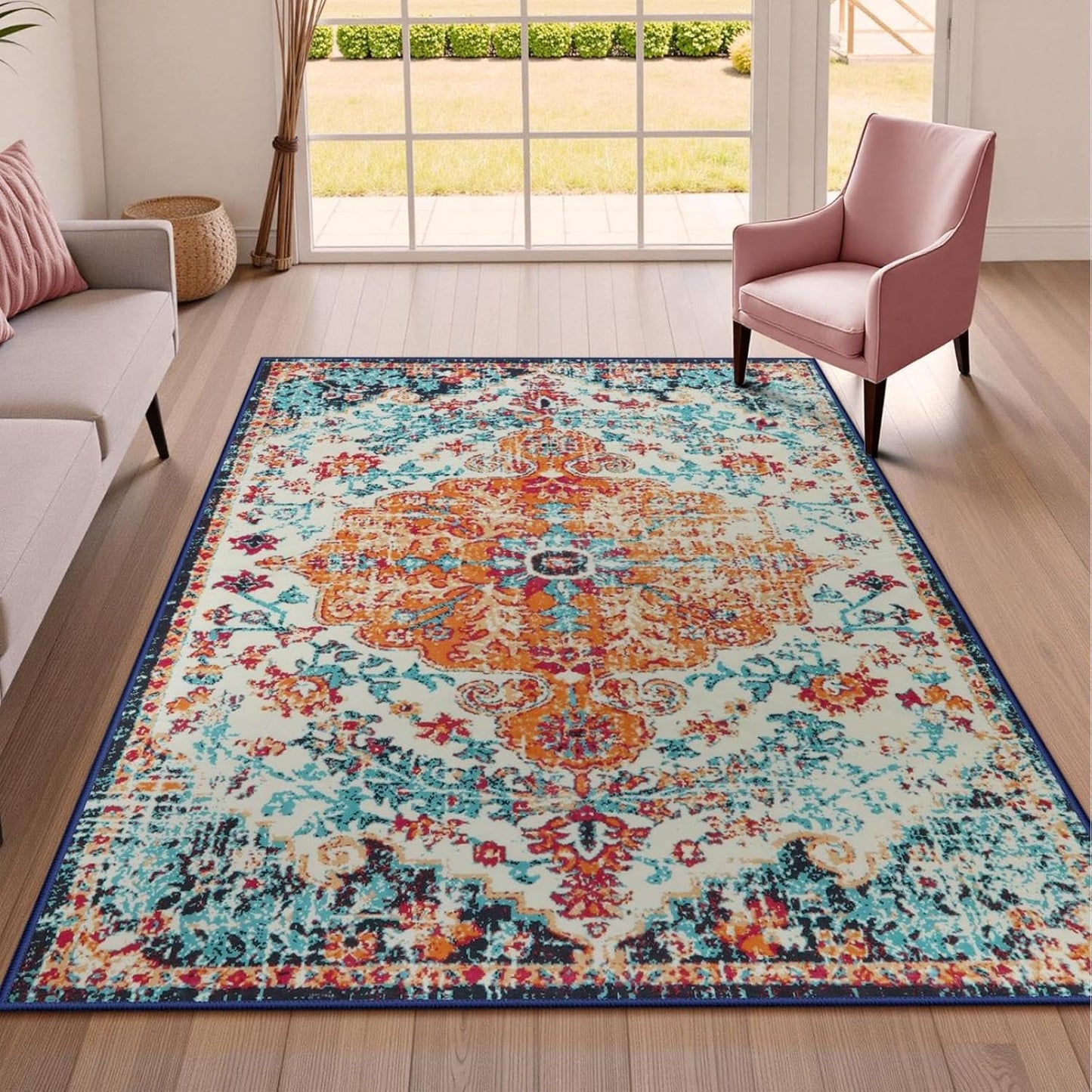 Lahome Bohemian Floral Medallion Area Rug - 4x6 Oriental Distressed Bedroom Rug Country Vintage Faux Wool Indoor Throw Mat Non-Slip Washable Low-Pile Carpet for Bathroom Living Kitchen Laundry Room