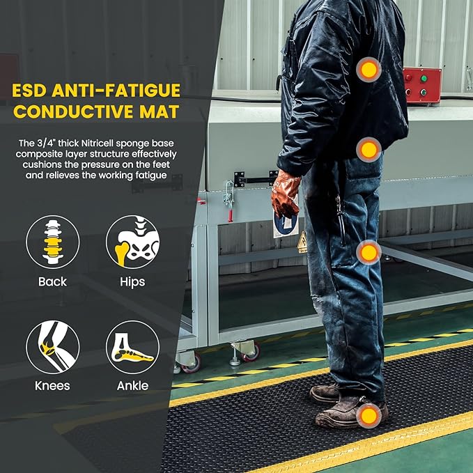 2' x 3' ESD Anti-Fatigue Conductive Mat, Durable Heavy Duty Diamond Plate, Non Slip Waterproof Floor Mats for Commercial&Industrial Work, Thick 3/4” with Yellow Border