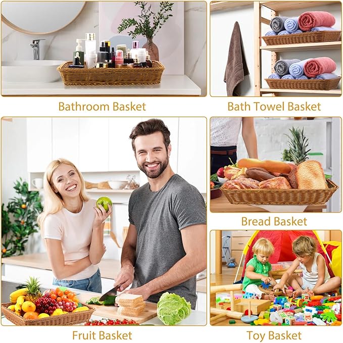 Eccliy 6 Pack Poly Wicker Bread Baskets 19 Inch Imitation Rattan Serving Trays for Bread Snacks Fruit Vegetables Tabletop Display Basket for Kitchen Restaurant Home Hotel