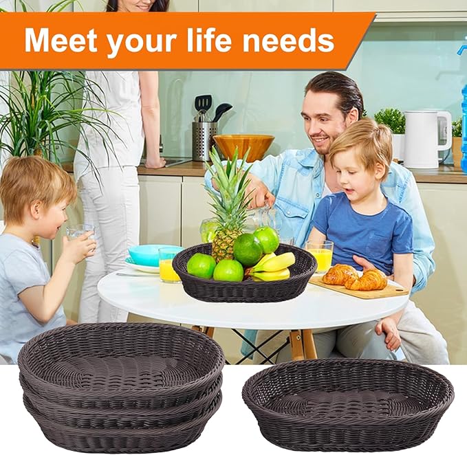 4 Pack 15.7 Inch Oval Poly Wicker Baskets, Plastic Oval Wicker Baskets, Rustic, Durable & Easy-Cleaning Wicker Bread Basket, for Home, Restaurant & Hotel Use, Coffee