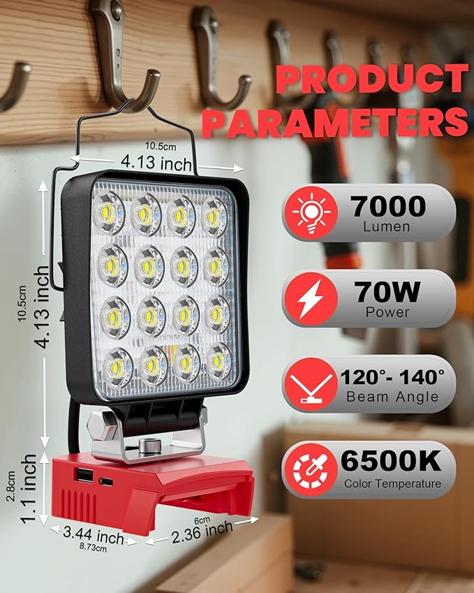 LIVOWALNY Portable LED Work Light Compatible with Milwaukee Battery, 70W 7000LM Flashlight with Low Voltage Protection and USB & Type C Charger Port, Handheld Flood Light for Construction, Emergency