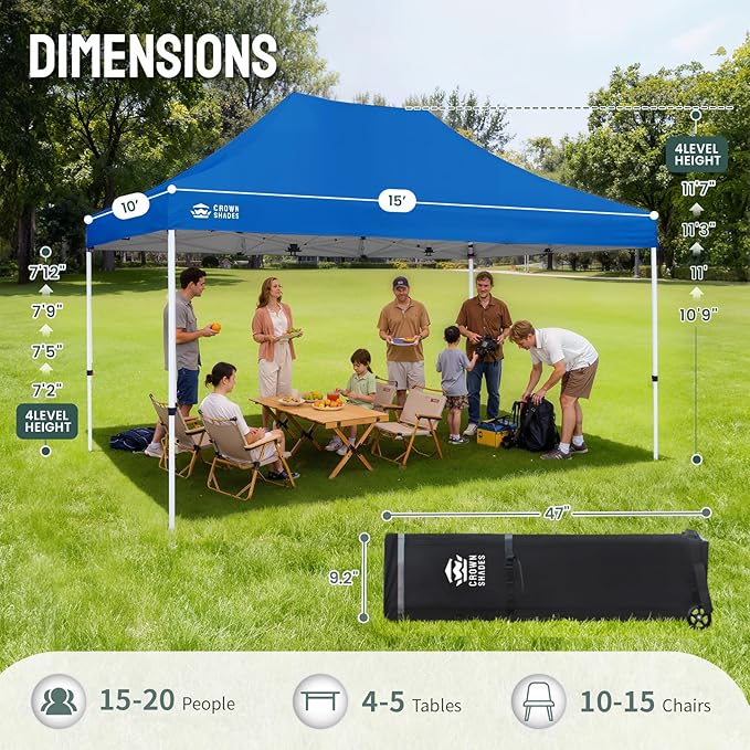 CROWN SHADES 10x15 Pop Up Canopy Tent, Thicken Frame Commercial Heavy Duty Tent, 8 Stakes & 4 Sandbags & 4 Ropes, Outdoor Canopies for Events, Parties,Blue