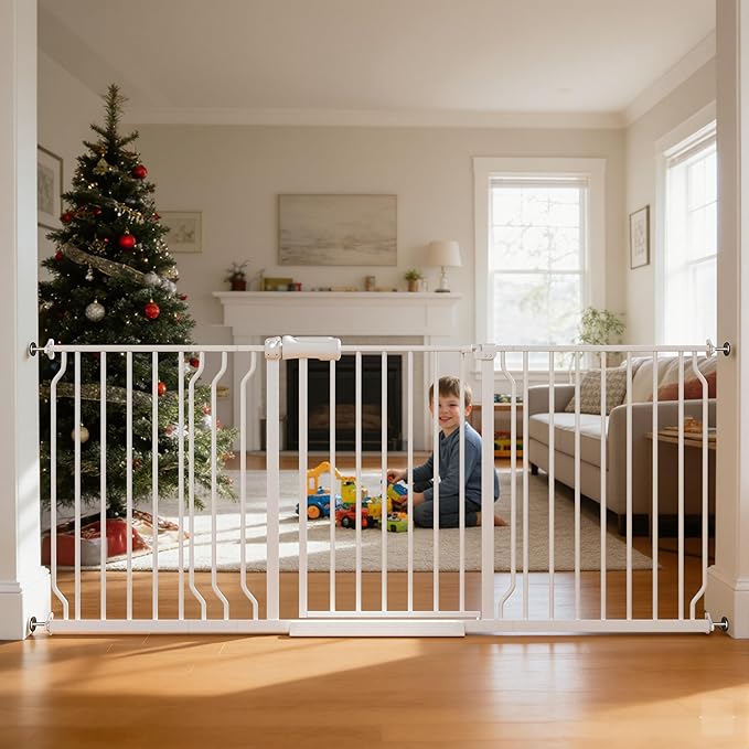 TSAYAWA Extra Wide Walk Through Baby Gate with Door,67-71.5 Inch Wide Presure Mounted No Drill Metal Auto Close Child Gate for Stair Doorway - Indoor Outdoor Safty Gate for Toddler Dog Doggie, White