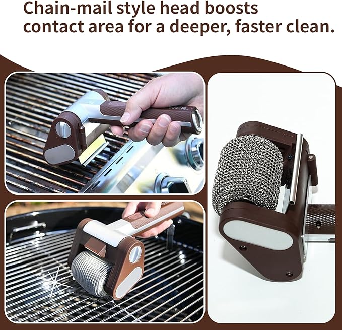 Electric Grill Cleaner Bristle Free with SUS Roller Head for Outdoor, Cordless Grill Brush for BBQ with LED Light, Motorized Grill Cleaning Tool