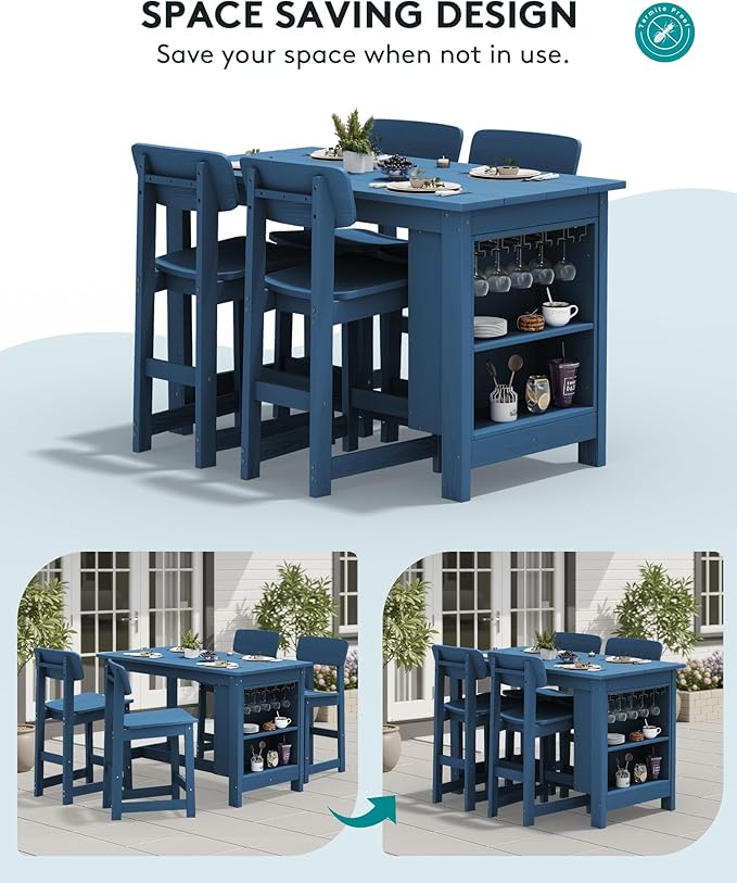 SERWALL Outdoor Bar Stools Set of 2, All Weather HDPE 25" Counter Height Bar Stools with Back, Outdoor Armless Barstools for Patio, Garden, Backyard, Balcony, Poolside, Blue