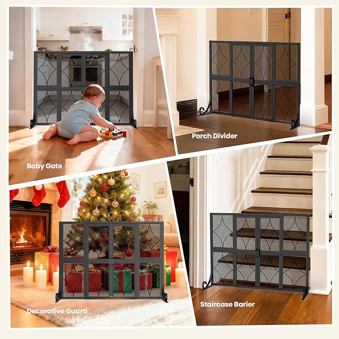 Fireplace Screen with Sliding Doors, 37.8" W x 30.7" H Modern Wrought Iron Spark Guard Cover for Christmas Decorative, Baby and Pet Proof, Large