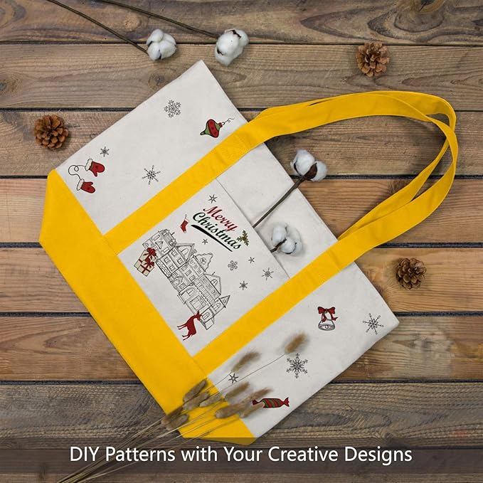TOPDesign 1-Pack Canvas Tote Bag with an External Pocket, Reusable Grocery Shopping Bag, Top Zipper Closure, Daily Essentials (Yellow/Natural)