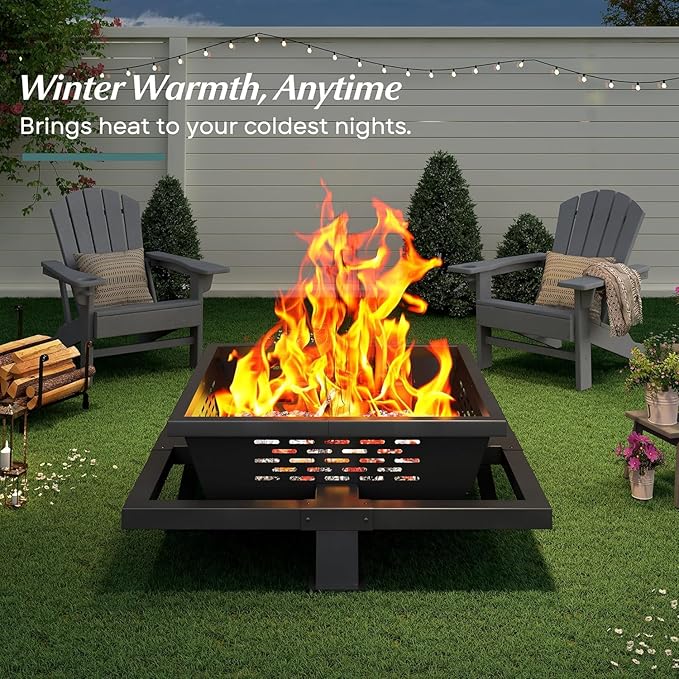 36 inch fire Pit, Square Outdoor Fire Pit with Poker, Wood Burning Fire Pit for Camping, Backyard, Patio