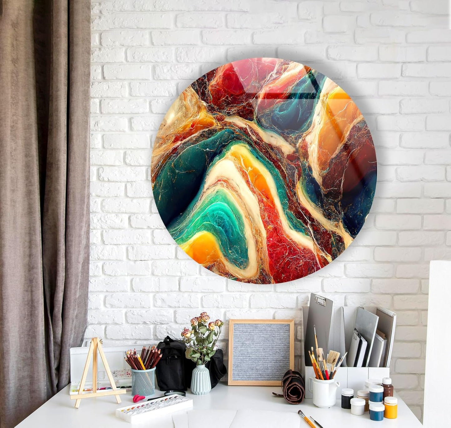 My Photostation.com 20''(50cm) Diameter Colorful Marble Swirl Round Wall Art Abstract Glass Decor with Earthy Tones & Gemstone Texture