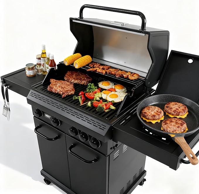 4 Burner Propane Grill,50000 BTU BBQ Grill with Side Burner and Enameled Cast Iron Grates,Visible Window Gas Grill with Wheels for Outdoor Cooking, Patio, Garden Barbecue Griliing