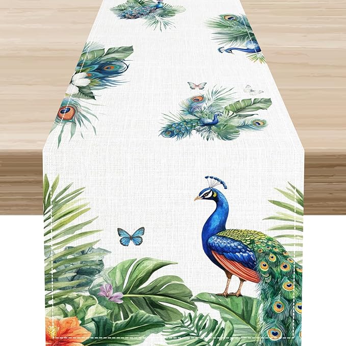 Peacock Table Runner,Traditional Chinese Style Peacock Feather Bird Floral Tropical Leaf Table Center Decor for Home Dining Kitchen Patio Holiday Party Indoor Table Decorations, 13"x90"