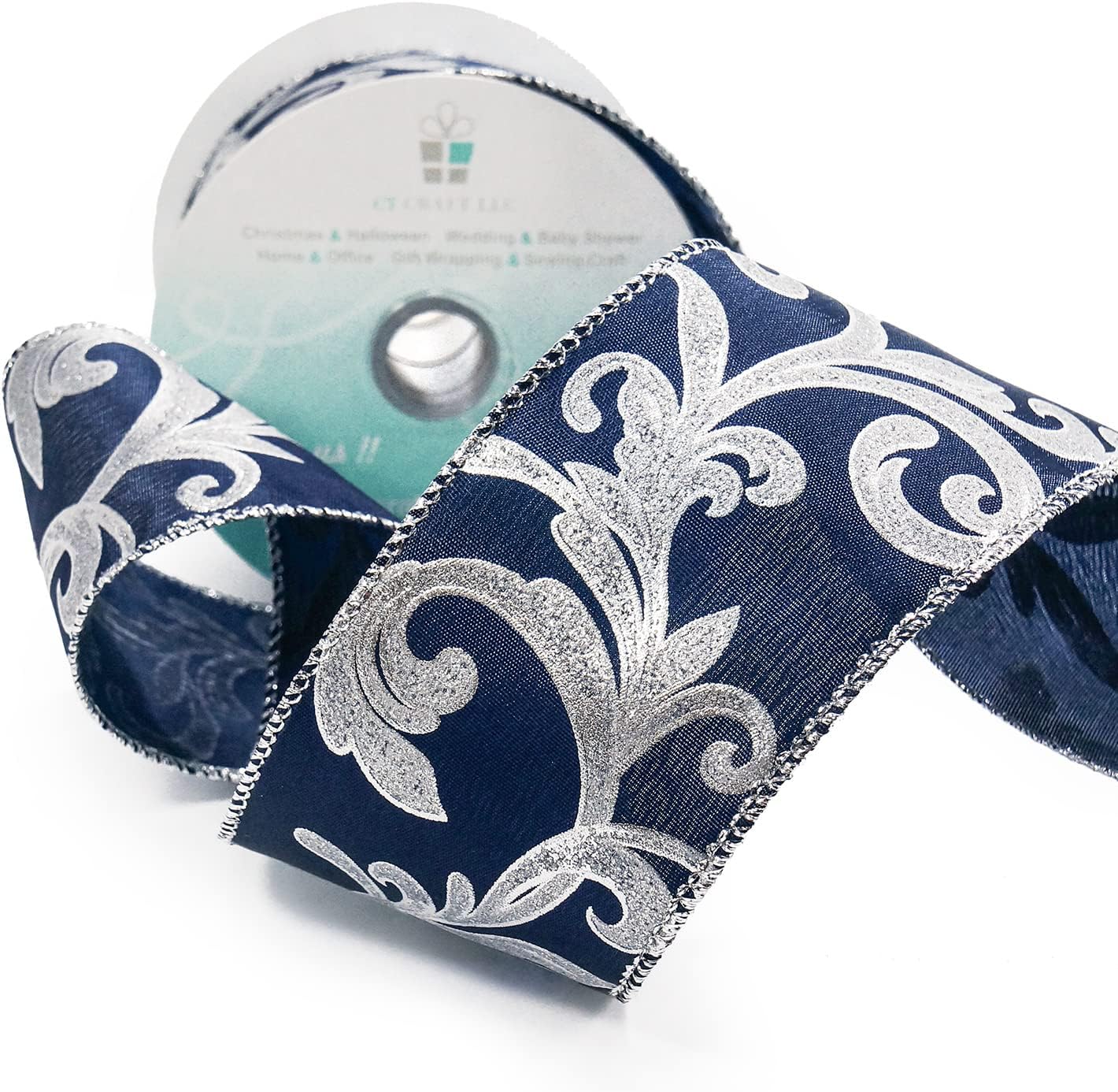 CT CRAFT LLC Royal Satin Silver Swirl Wired Ribbon 2.5 Inch x 10 Yards for Christmas Home Decor Tree Topper Bow Gift Wrapping DIY Crafts Wreath Garland