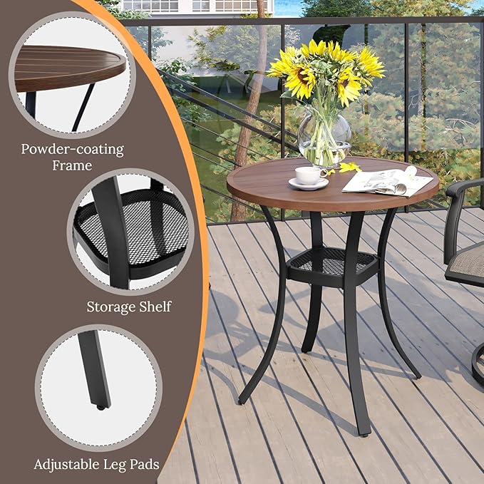 VICLLAX 27.5" Outdoor Round Patio Table for Lawn Garden, All Weather Metal Round Patio Dining Table with Storage Shelf, 2 Person Small Patio Table, Walnut Wood Grain