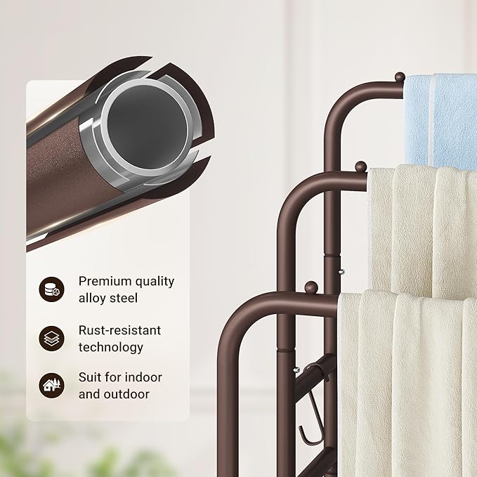 ELYKEN 40'' Tall Standing Towel Racks, 3 Tier Towel Drying Rack Outdoor, Pool Towel Stand Blanket Holder with Shelf & 4 Removable Hooks, Metal Freestanding Towel Racks for Bathroom, Smooth Silver