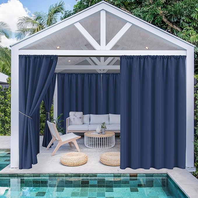 HolidayIdeas Waterproof Patio Outdoor Curtains with Rod Pocket 4 Pcs- UV & Privacy Protect Weatherproof Gazebo Outdoor Drapes for Porch, Balcony, Apartment, Sliding Glass Door, Navy, 54x84 Inch