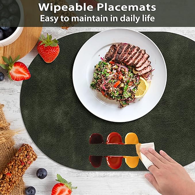 ADRIMER Placemats, Heat Resistant Oval Placemats Set of 8 Washable 12 x 17 Inch, Waterproof Table Mats, Wipeable Pu Place Mats for Kitchen, Dining Room, Olive Green
