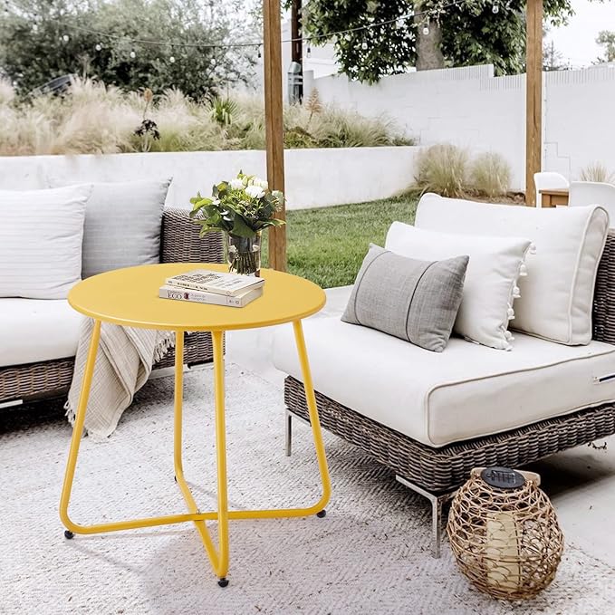 Patio Small Outdoor Side Table Waterproof Round Metal Steel Side Table Weather Resistant Portable Outdoor and Indoor End Table for Garden Balcony Yard, Yellow