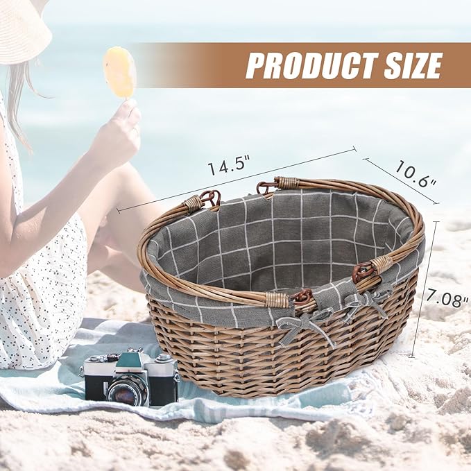 G GOOD GAIN Oval Picnic Basket with Folding Handles, Willow Hand Woven Shopping Basket, Bath Storage Gift Packing Basket, Wicker Empty Easter Eggs and Candy Small Gift Basket.GreyCheck