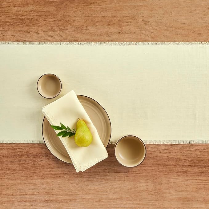Solino Home Fringe Linen Table Runner 48 Inches - 100% Pure Linen Creamy Ivory Table Runner 14 x 48 Inch Ideal for Dresser and Coffee Tables - Spring, Easter
