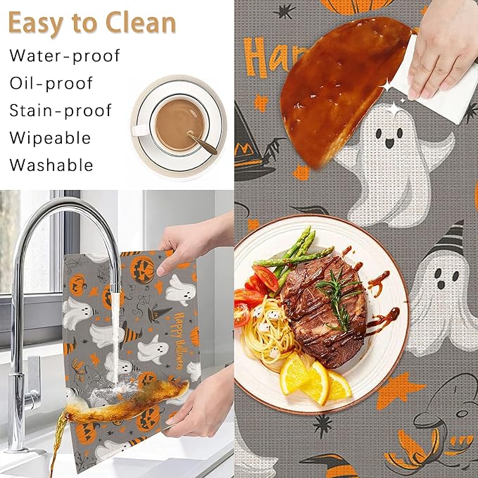 Placemats Set of 6,Pumpking Ghost Table Mats,Halloween Washable Linen Table Mats,Non-Slip Heat Resistant Placemats for Party Kitchen Dining Indoor Outdoor 12"x18"