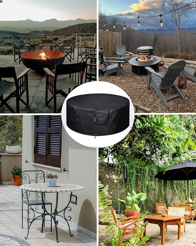 SheeChung Fire Pit Cover Round 56”D X 22”H for Solo Stove Fire Pit Surround Table,Waterproof Heavy Duty 600D Polyester Outdoor Table Protective Cover,Large Shelter for Smokeless Gas Fire Pit
