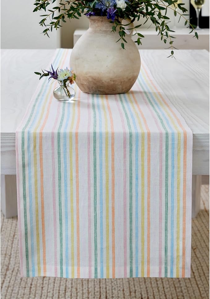 Solino Home Linen Table Runner 132 Inches Long - Julia, 100% Pure Linen Multicolor Muted Pastel Stripe Table Runner 14 x 132 Inch for Dining, Spring, Easter